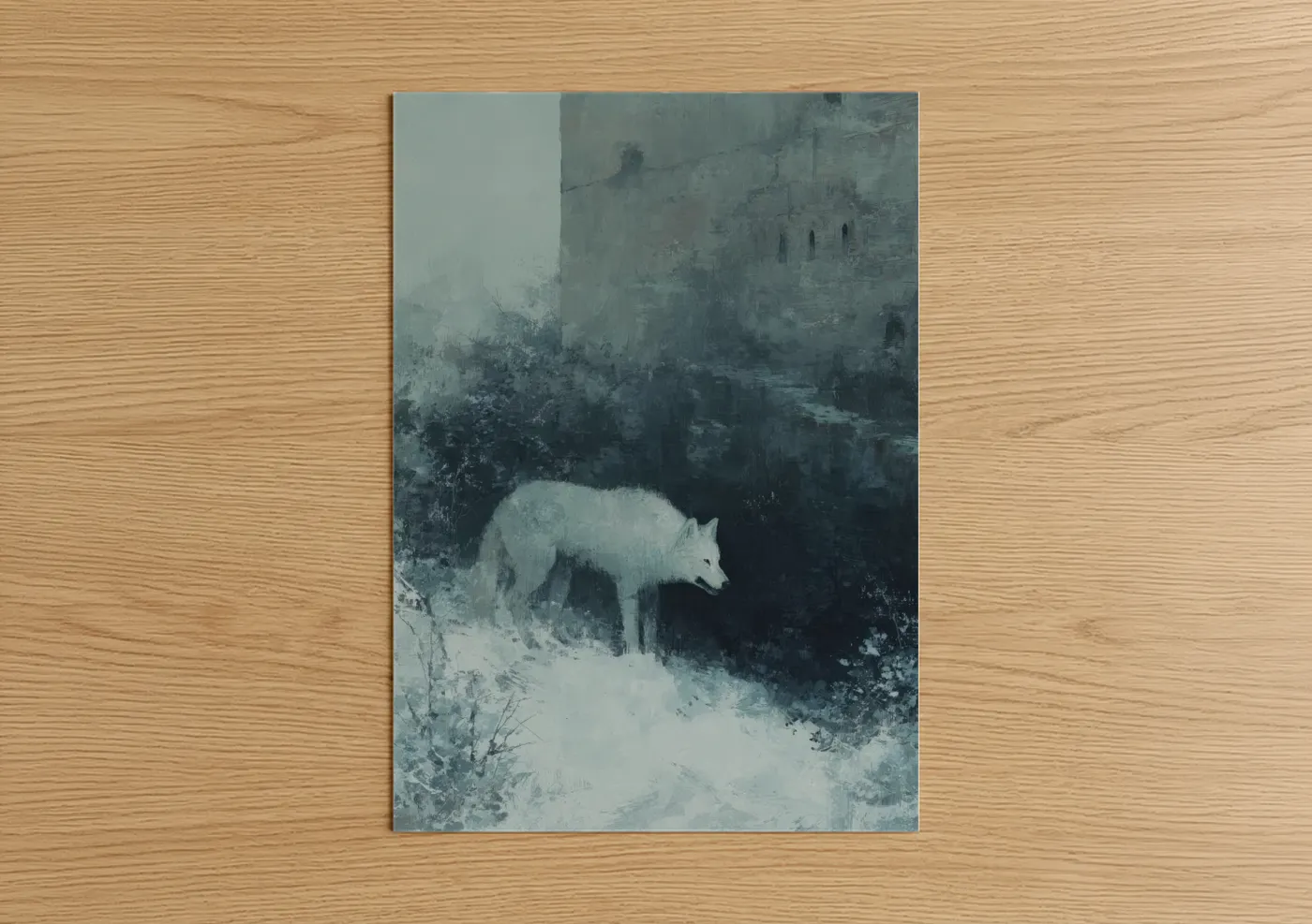 Art print on warm oak wood — blue and gray and white palette — Snowy Wolf Castle poster