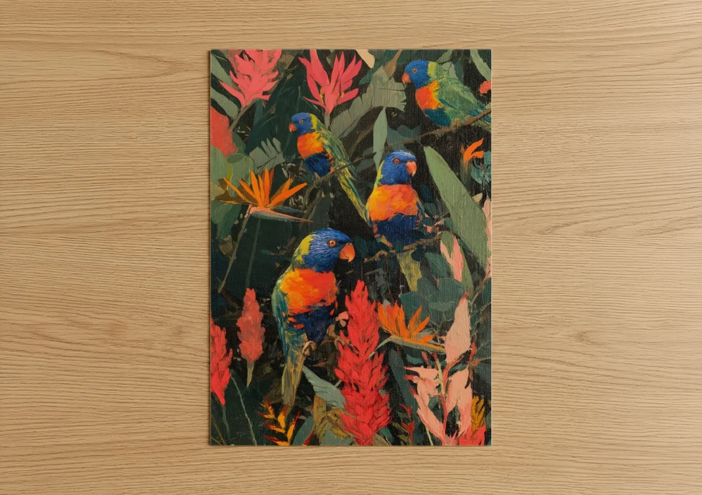 Rainbow lorikeet art print on warm oak wood — blue and orange palette — Tropical Lorikeet Paradise poster