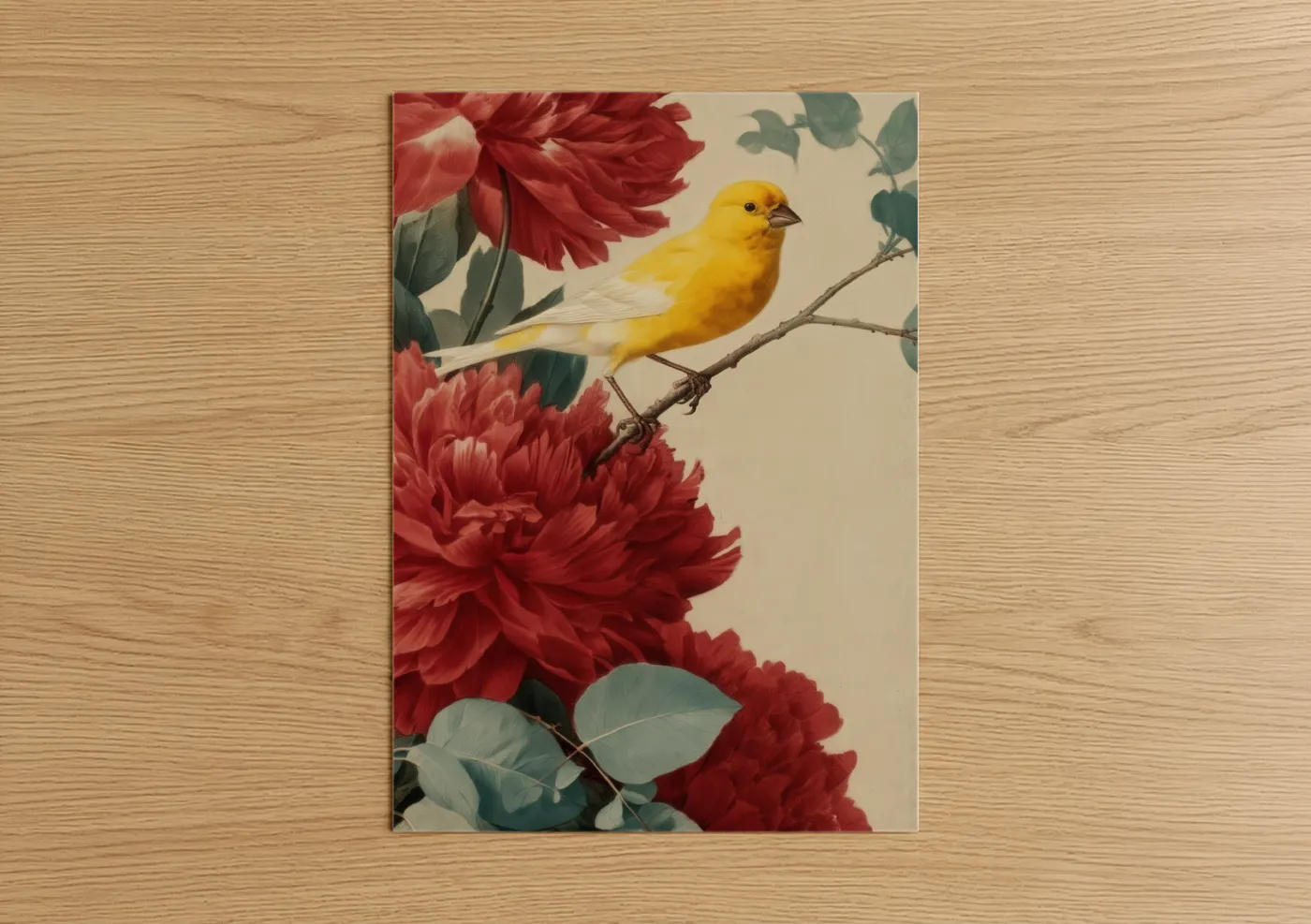 Yellow Canary with Red Dahlia Flowers Wall Art