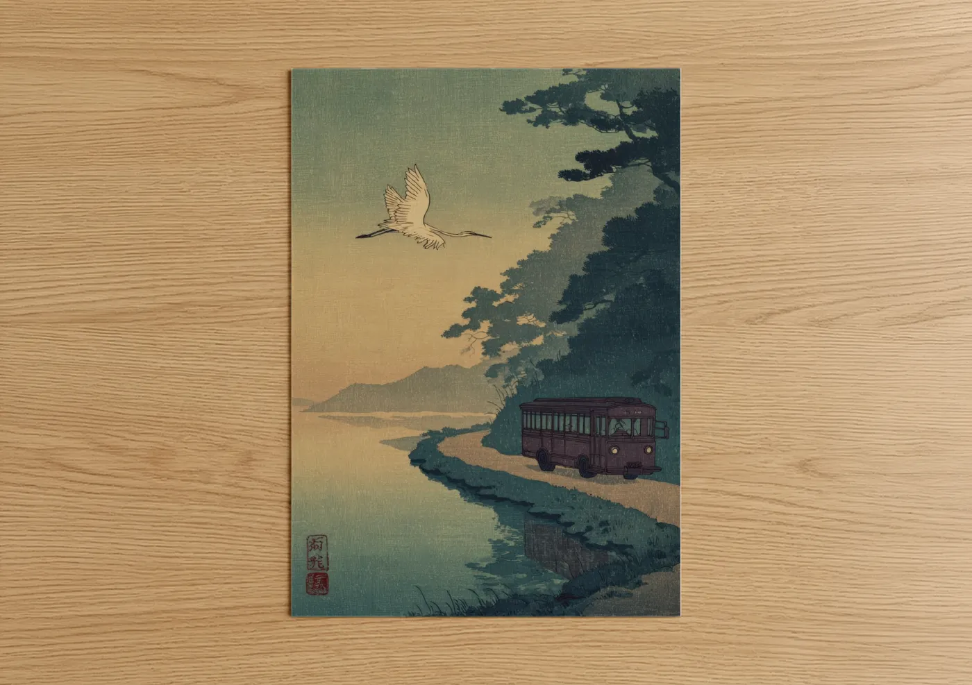 Art print on warm oak wood — sage green and gold palette — Riverside Bus poster