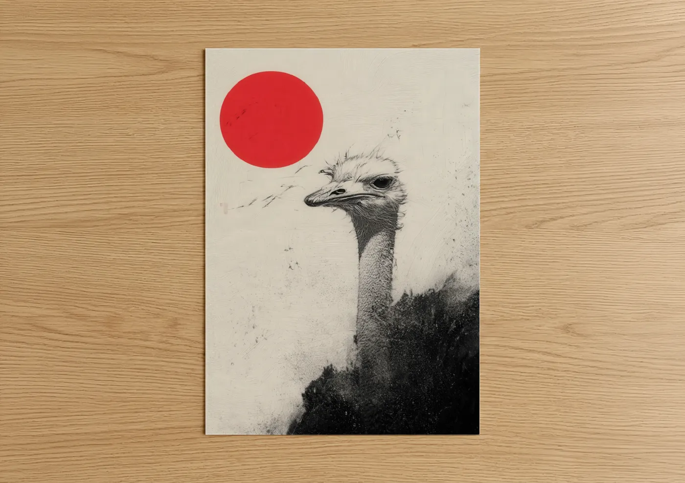 Art print on warm oak wood — black and white and red palette — Crimson Sun Ostrich poster