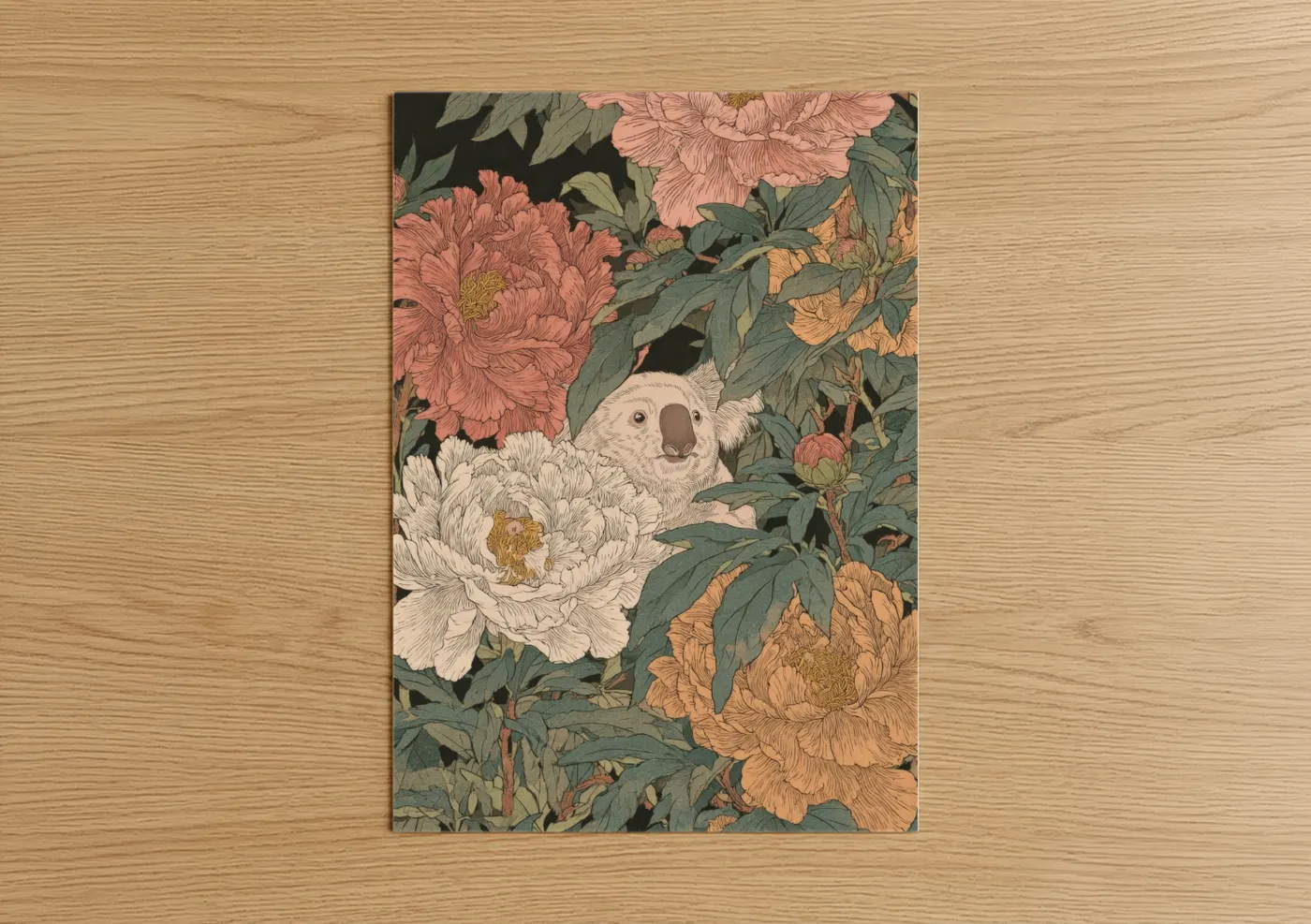 Art print on warm oak wood — peach and sage green palette — Floral Koala poster