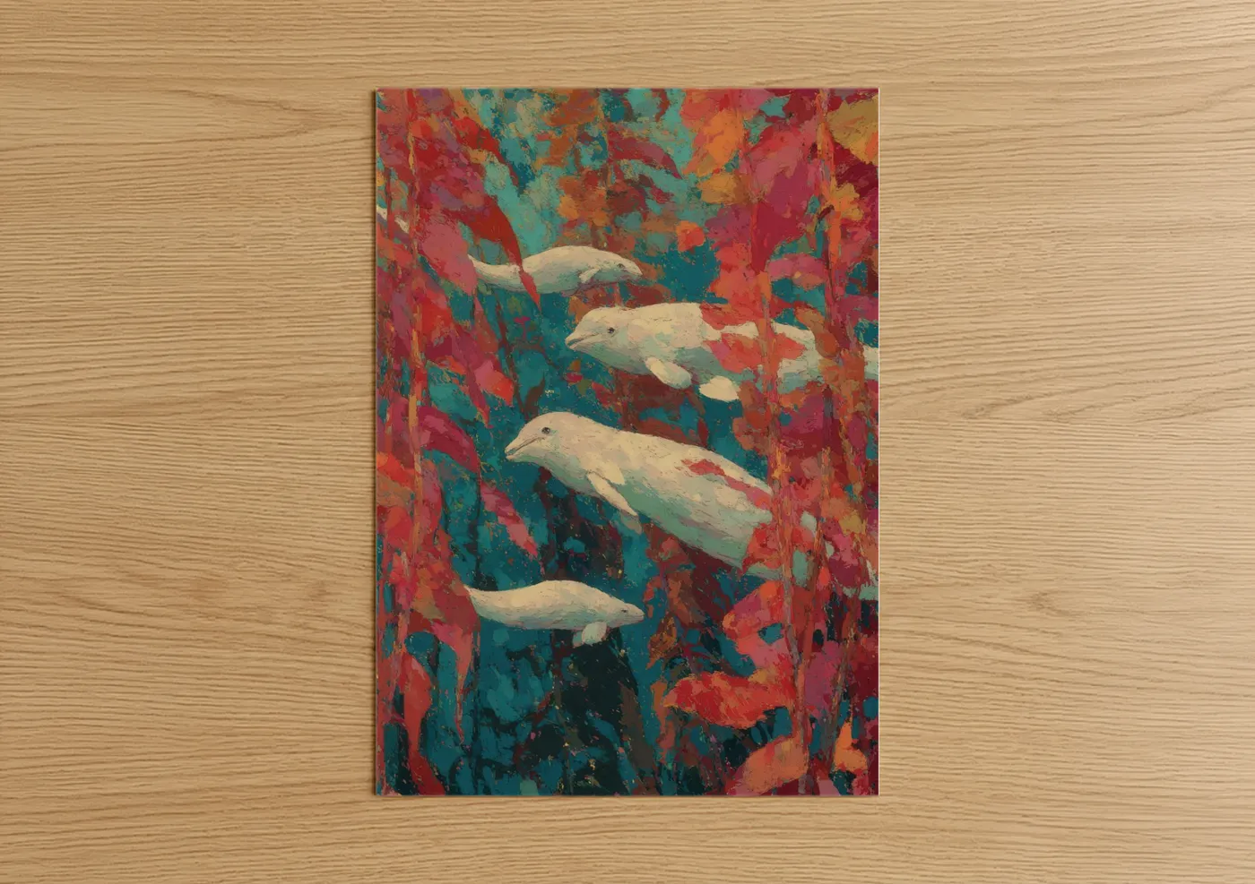 Beluga whale art print on warm oak wood — red and teal palette — Crimson Beluga Pod poster