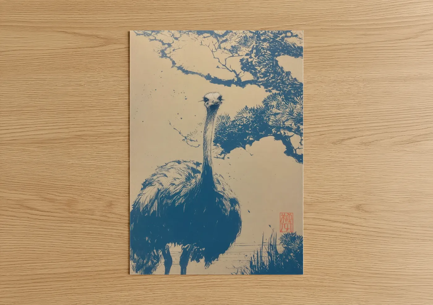 Blue Ostrich Wildlife Illustration Wall Art