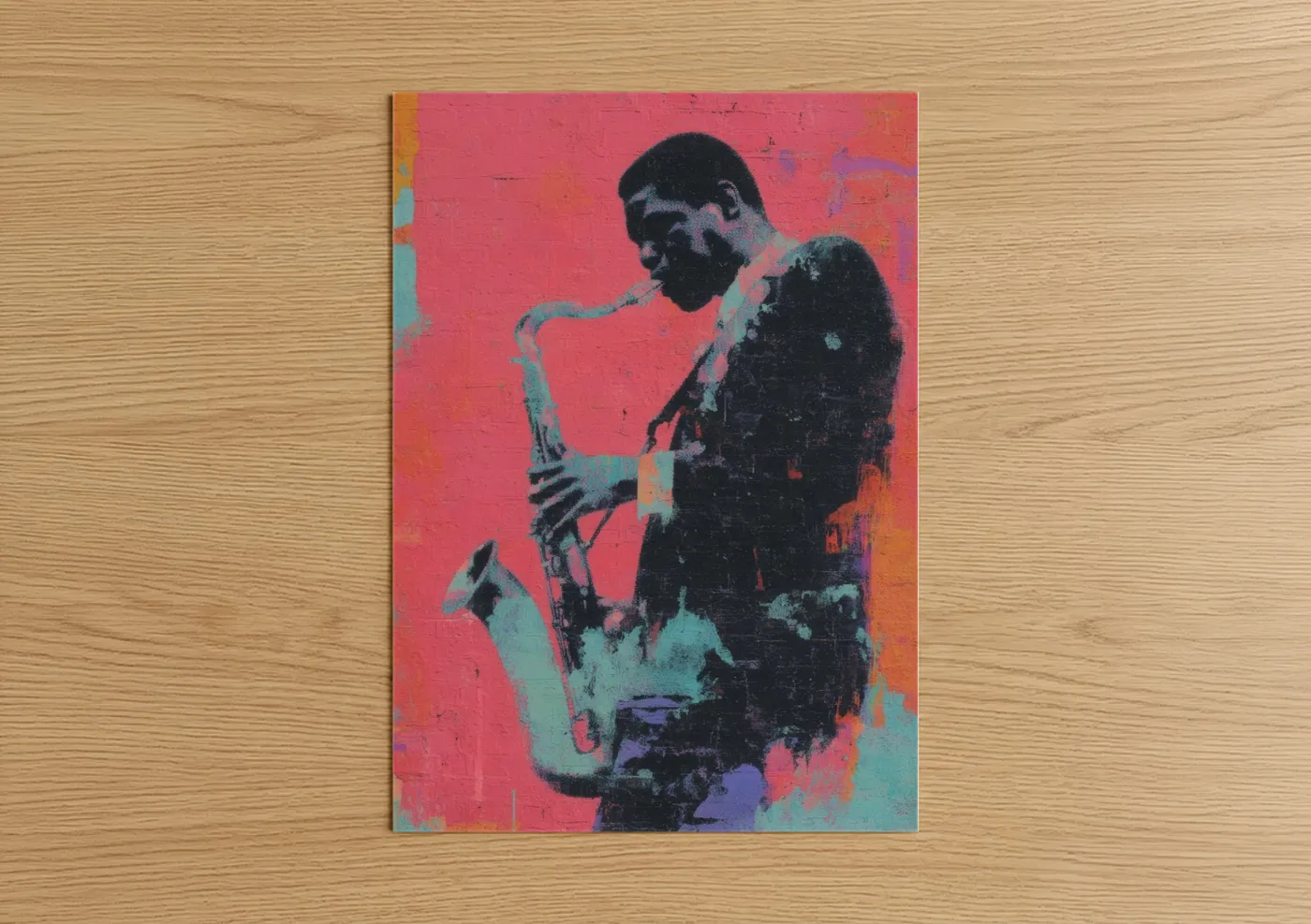 Mardi gras art print on warm oak wood — magenta and turquoise palette — Vibrant Saxophonist poster