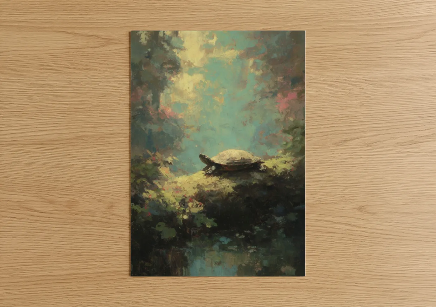 Turtle in Misty Forest Pond Painting Wall Art