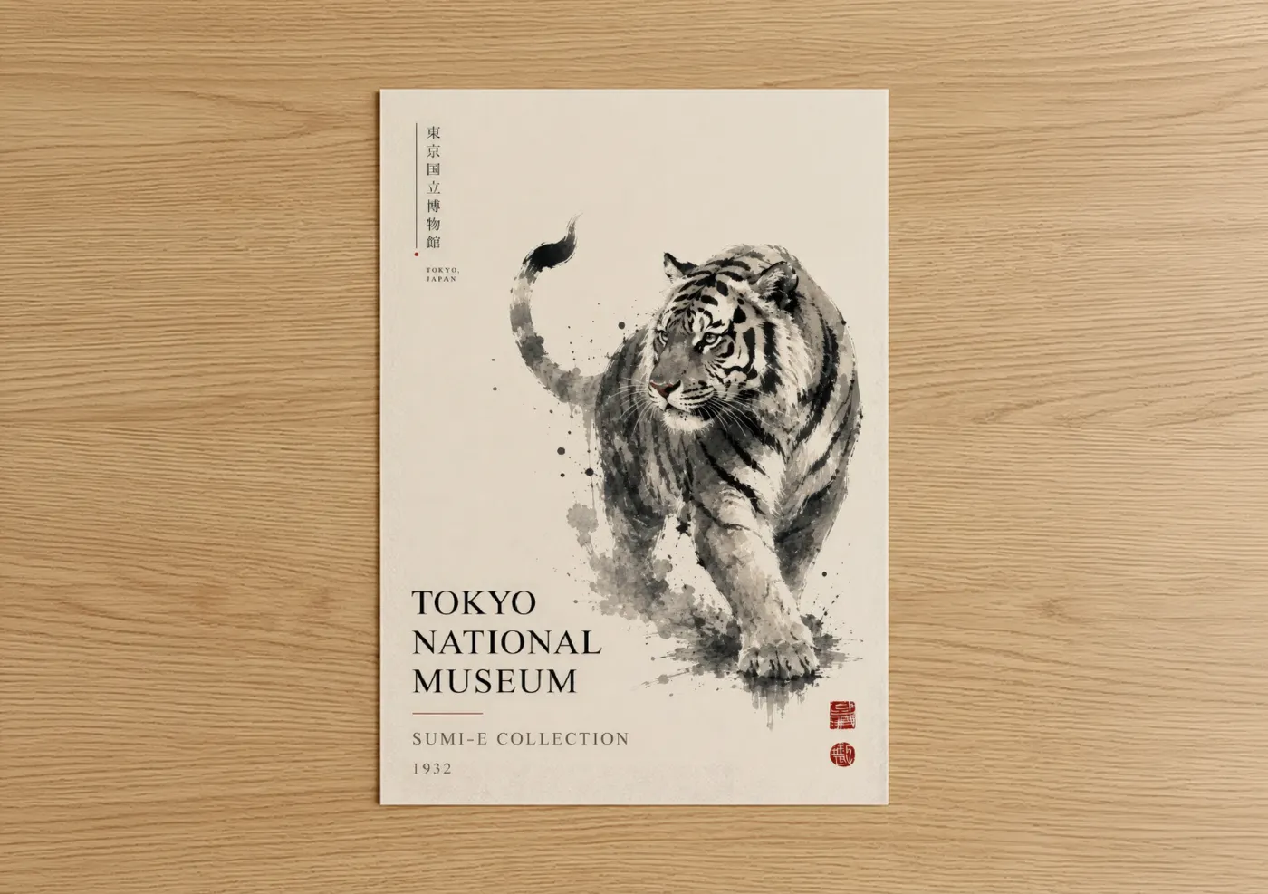 Art print on warm oak wood — black and white and beige palette — Japanese Tiger Ink Brush Wall Art poster