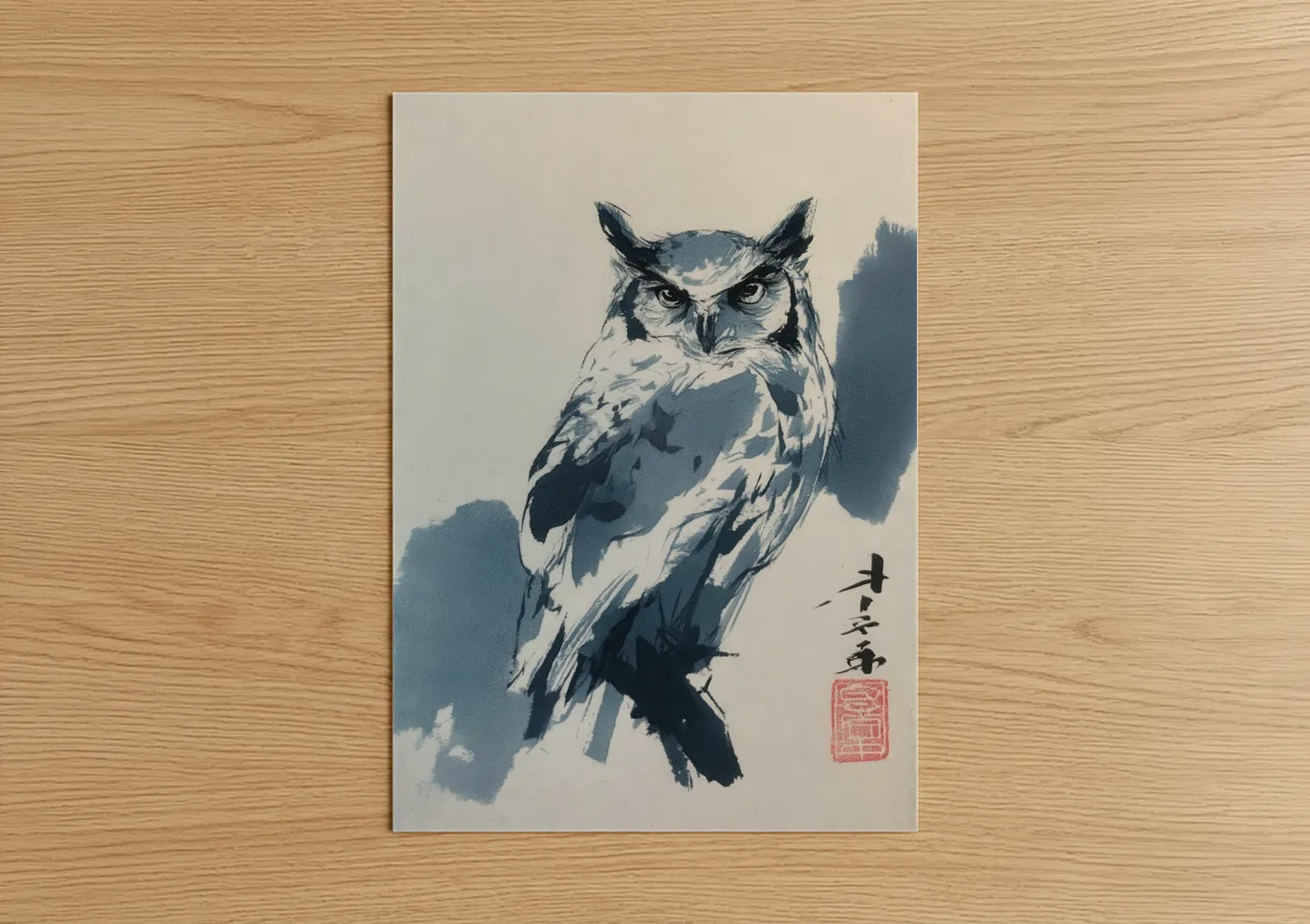 Watchful Owl Japanese Watercolor Wall Art