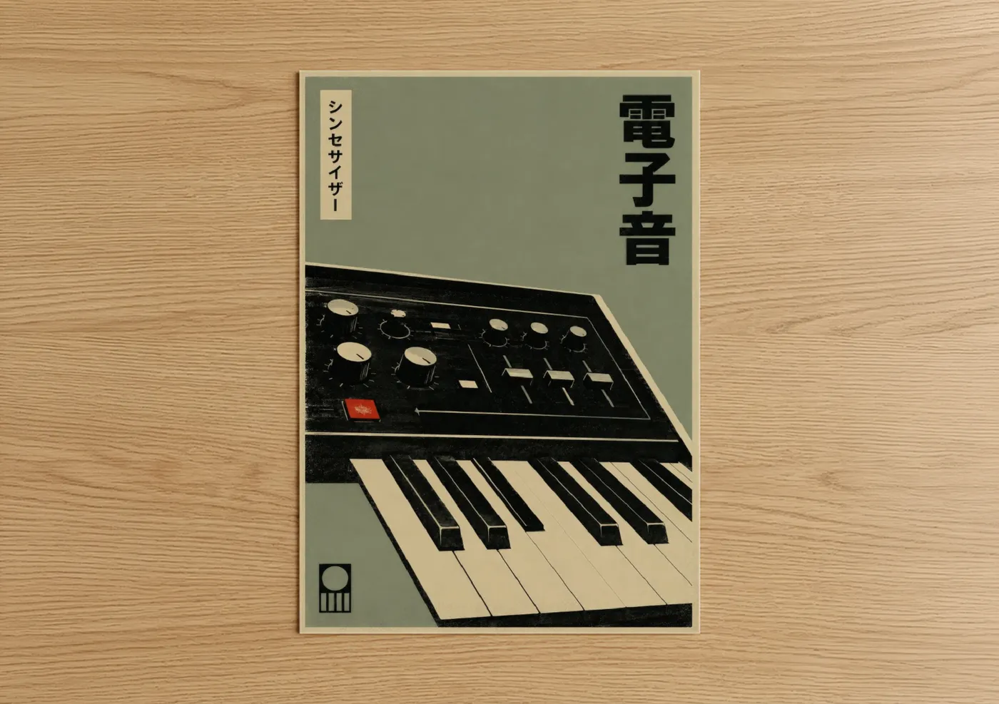 Keyboard art print on warm oak wood — beige and black palette — Vintage Synthesizer Japanese Retrofuturism Wall Art poster