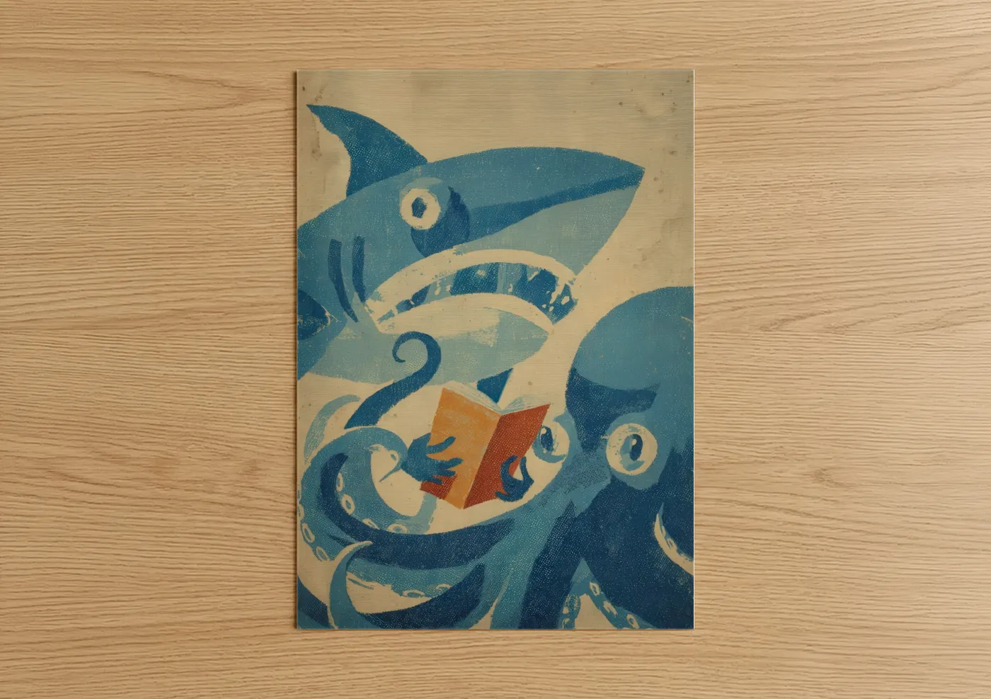 Blue Shark Reading Book Vintage Wall Art