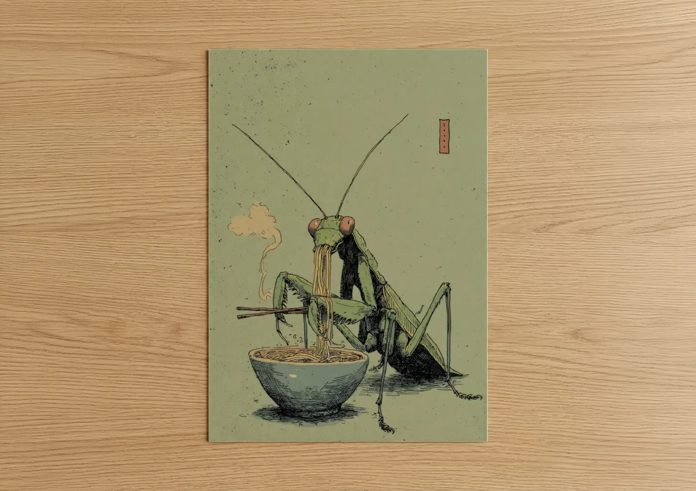 Praying Mantis Eating Noodles Illustration Wall Art