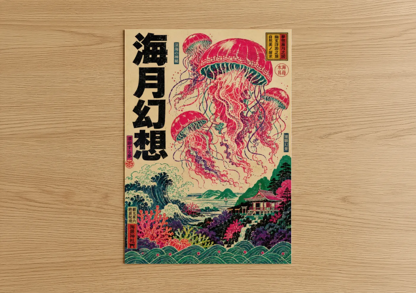 Art print on warm oak wood — pink and teal palette — Japanese Jellyfish Ocean Wall Art poster