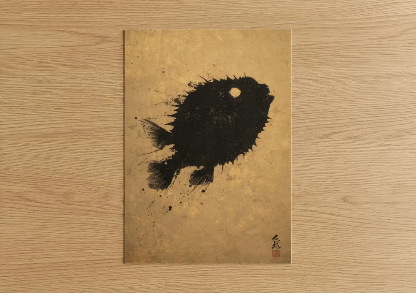 Black Spiky Puffer Fish Ink Wall Art