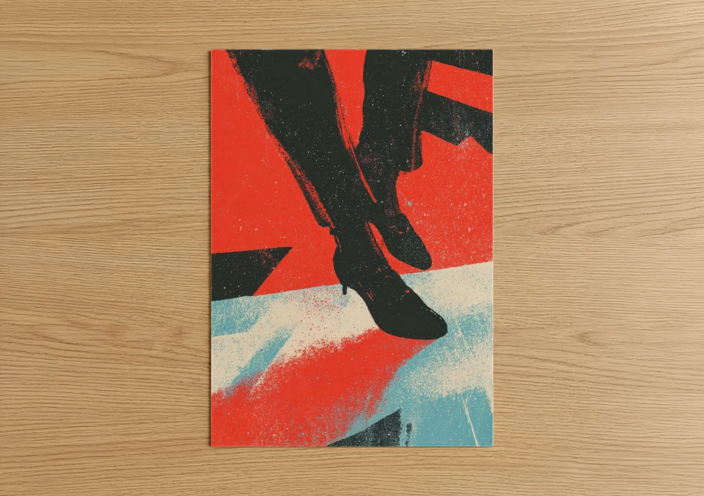 Art print on warm oak wood — red and black and white palette — Energetic Swing Dancers poster