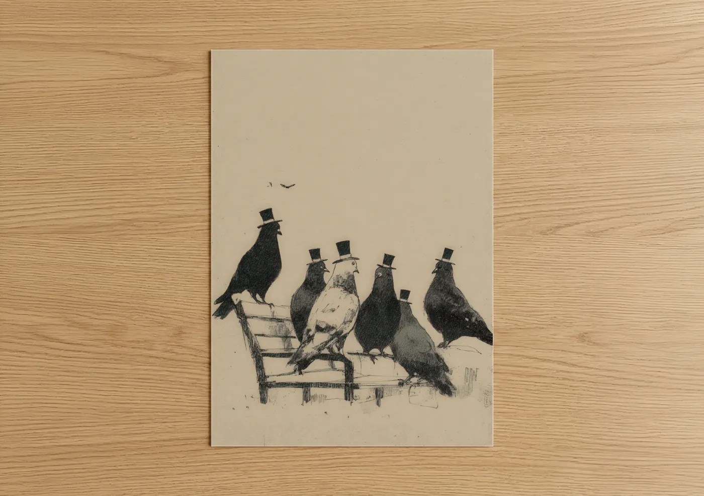 Retro fashion art print on warm oak wood — black and white and beige palette — Formal Fowl Gathering poster