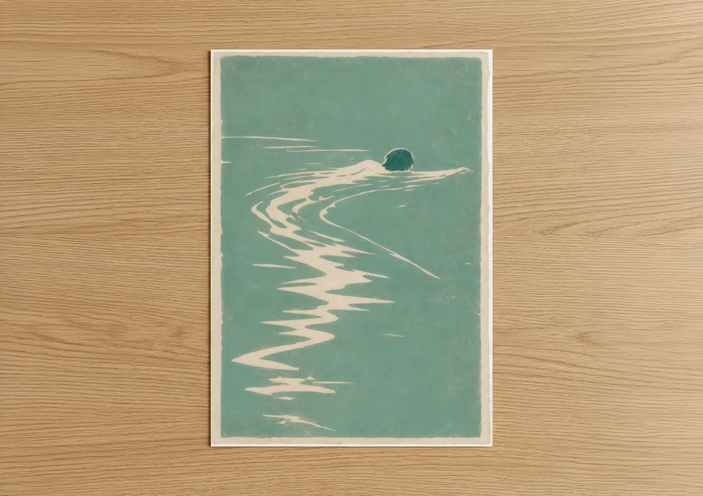 Swimming art print on warm oak wood — teal and cream palette — Serene Swimmer Minimalist Wall Art poster