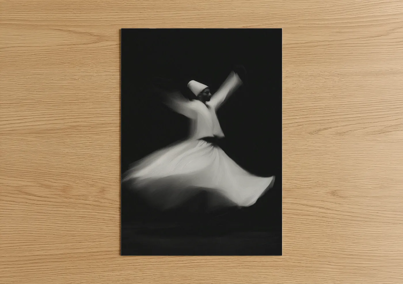 Islam art print on warm oak wood — black and white and gray palette — Whirling Dervish poster