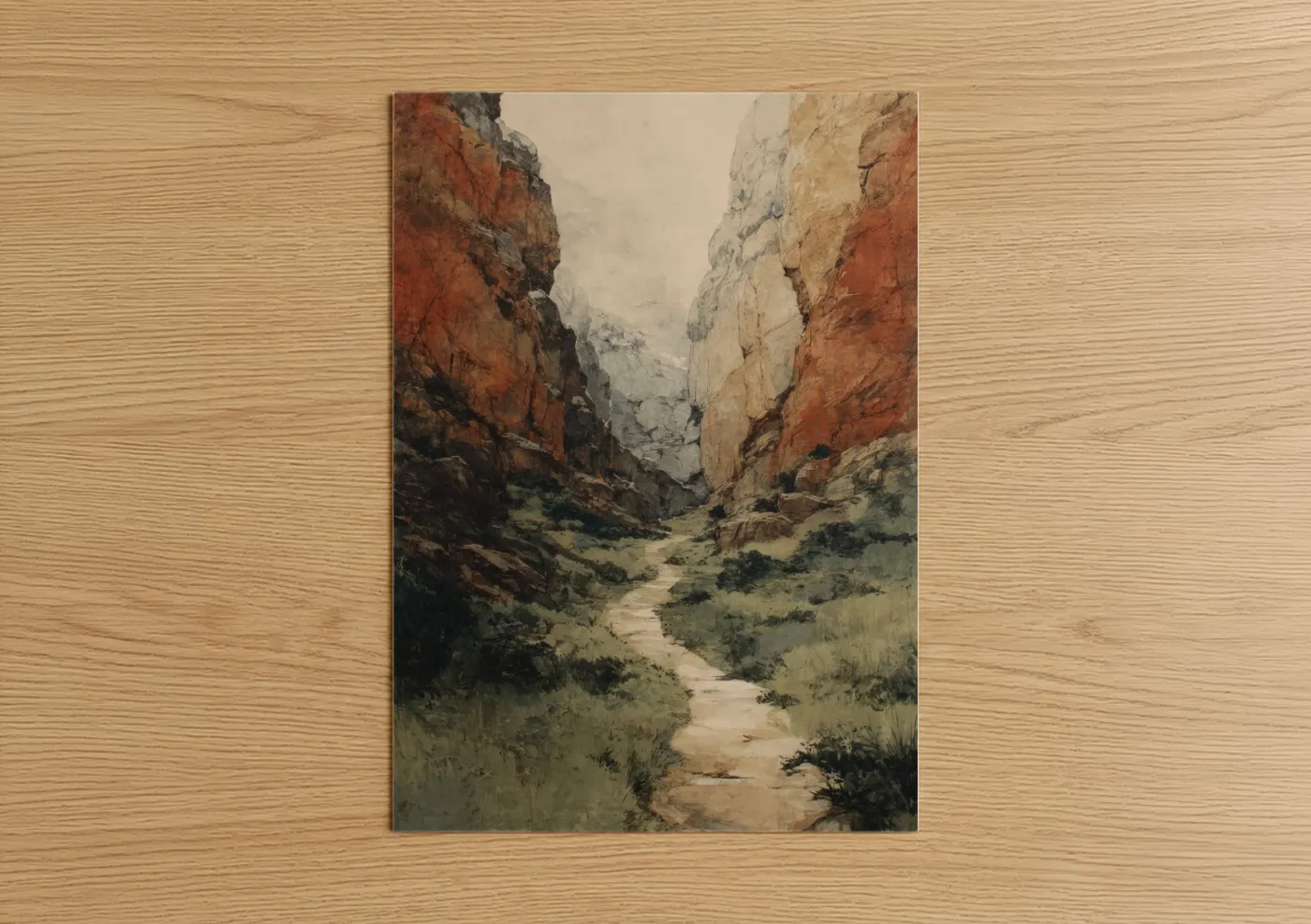 Art print on warm oak wood — russet and sage green palette — Desert Canyon Path poster