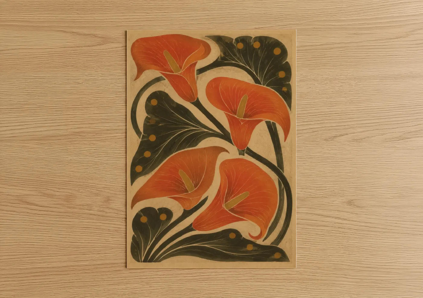 Art print on warm oak wood — orange and beige palette — Art Deco Lily Floral Wall Art poster
