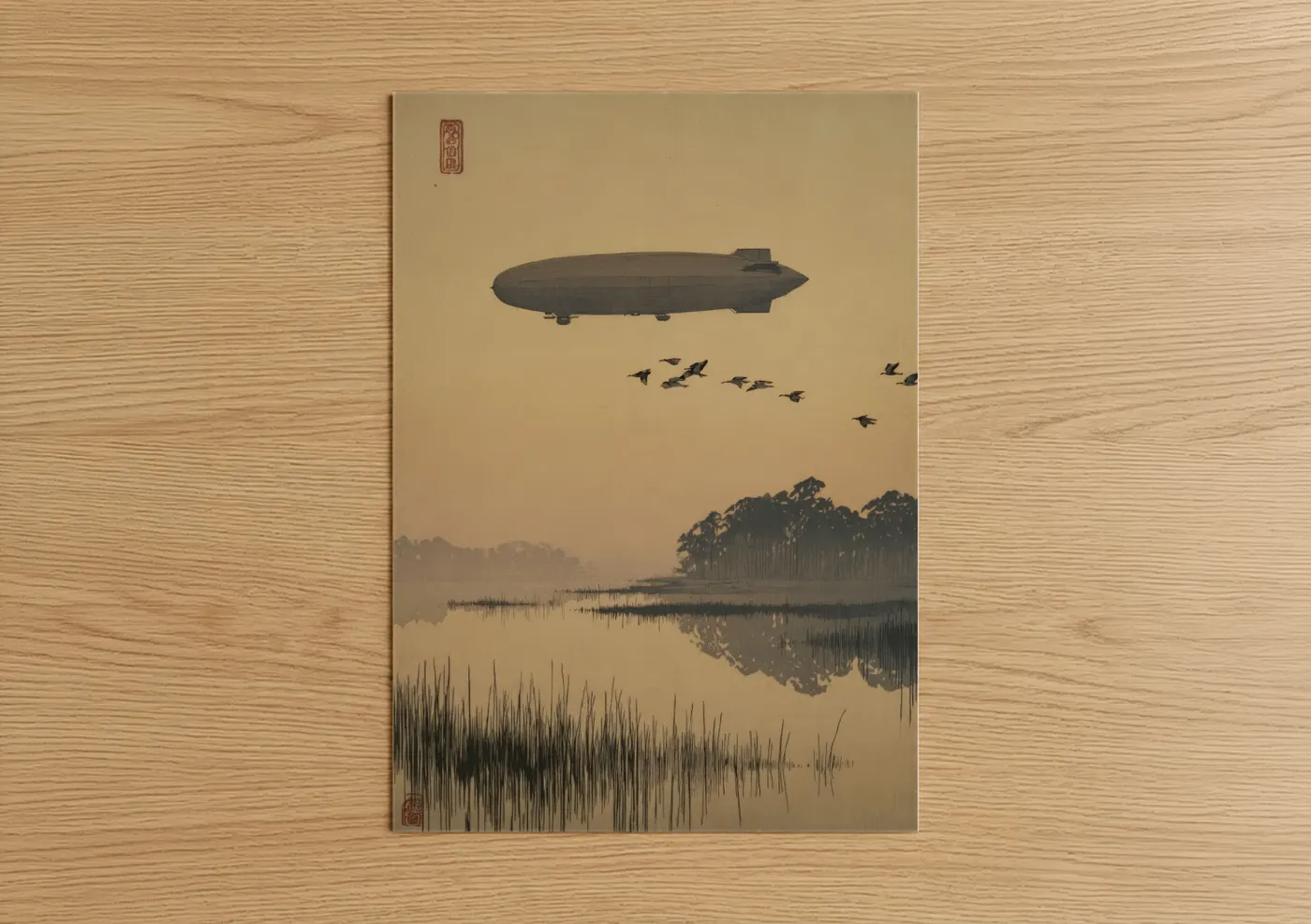 Vintage Airship Over Misty Wetlands Wall Art