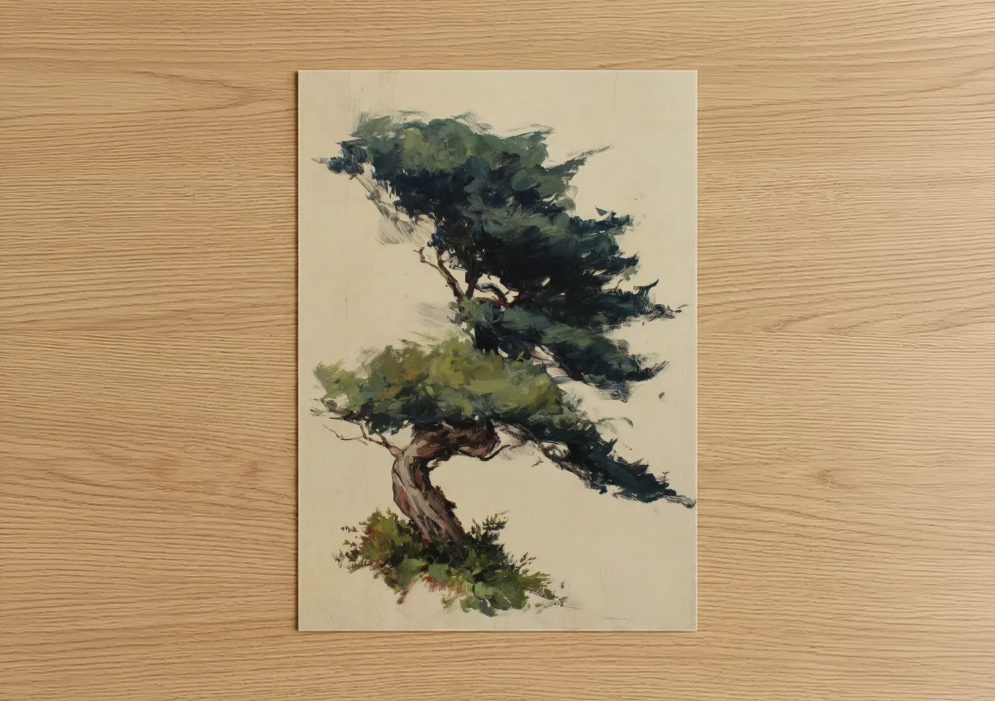 Bonsai tree art print on warm oak wood — dark green and beige palette — Windswept Bonsai poster