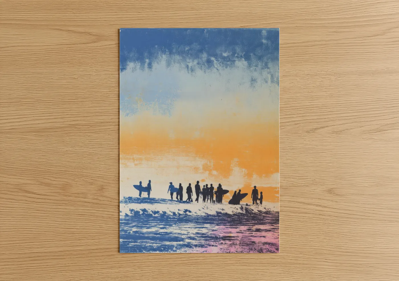 Surfing art print on warm oak wood — blue and orange palette — Sunset Surfers poster