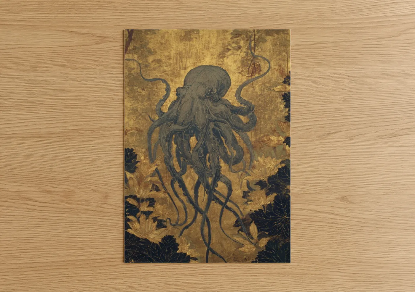 Art print on warm oak wood — gold and black palette — Golden Octopus poster