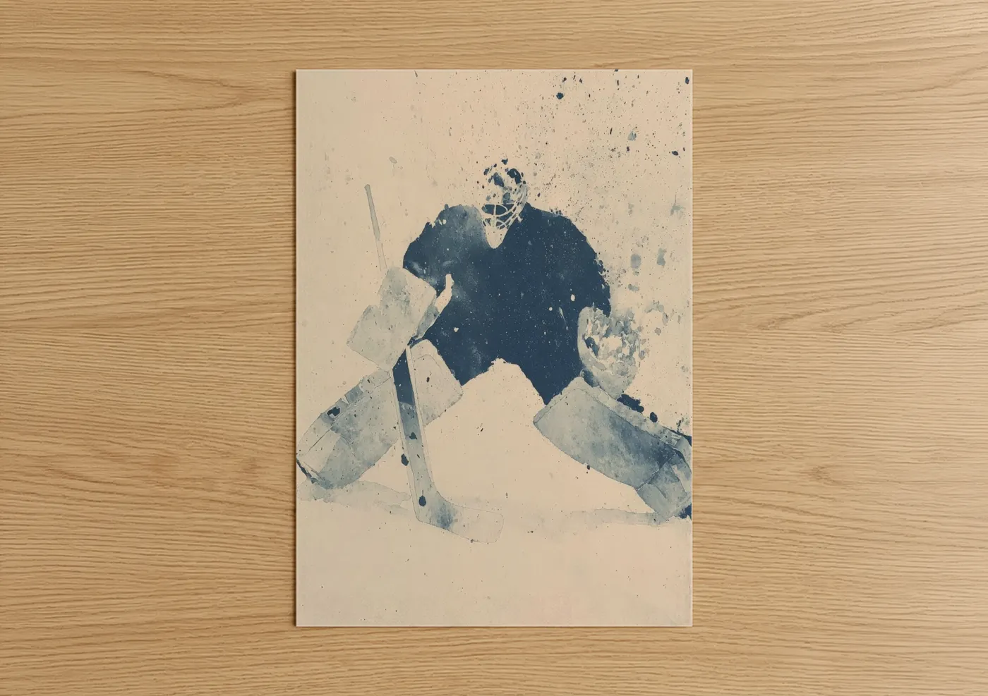 Ice hockey art print on warm oak wood — dark blue and cream palette — Goalie Watercolor poster