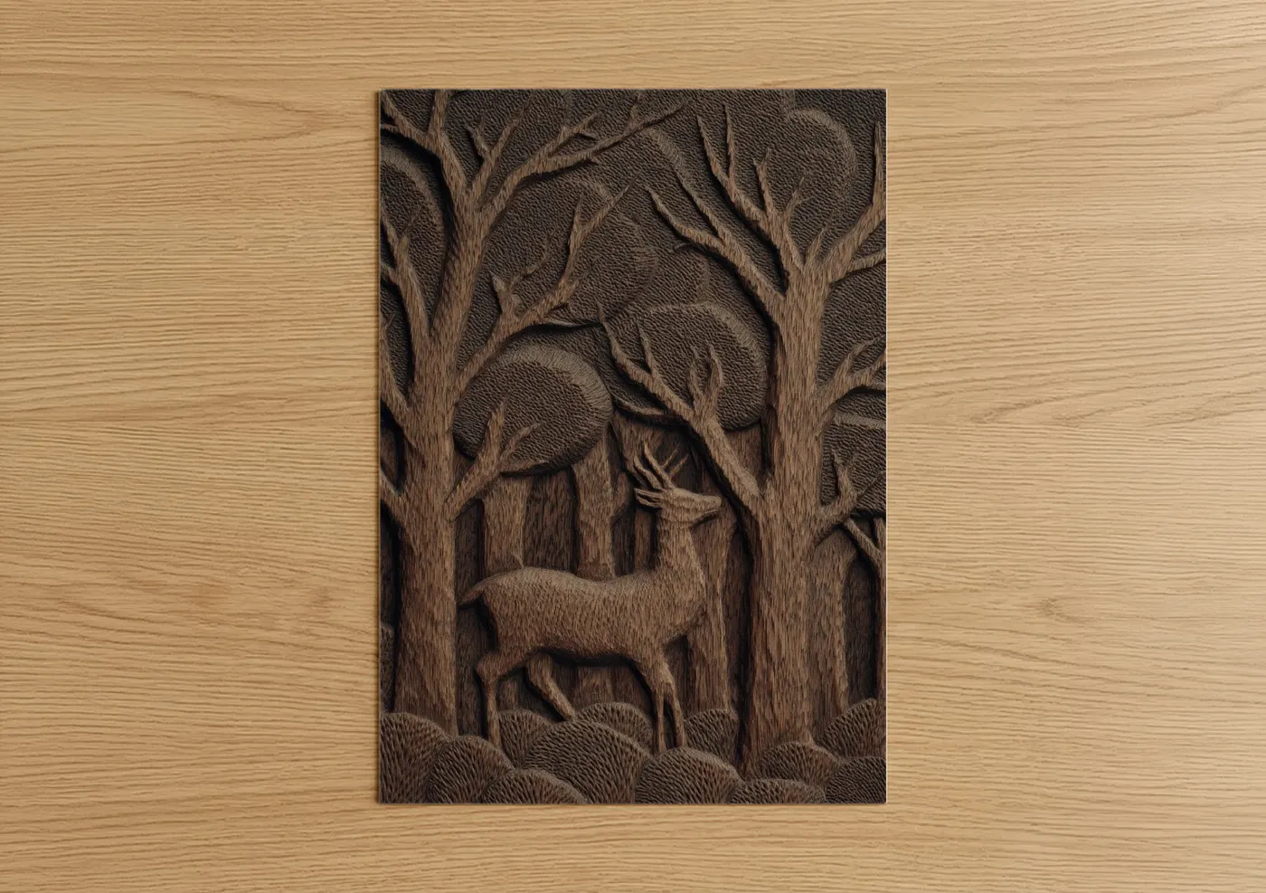 Forest Deer Woodcarving Relief Wall Art