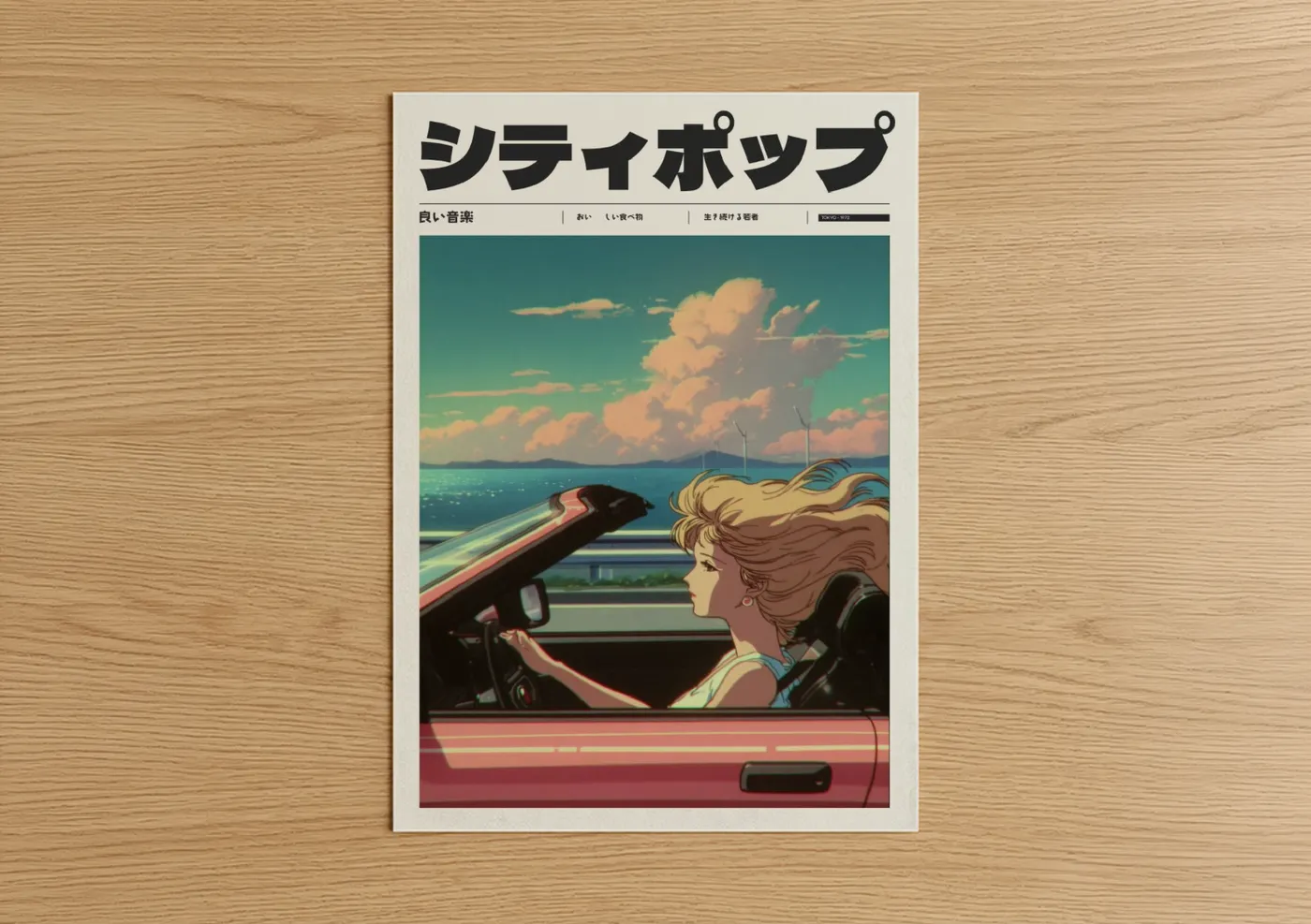 Anime Girl Convertible Car Sunset Wall Art