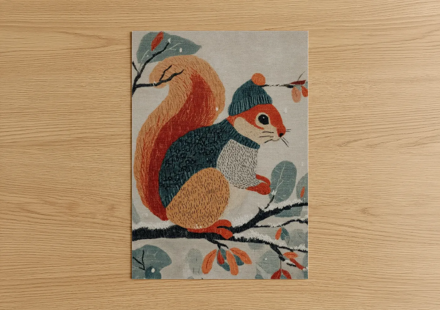 Autumn Squirrel Embroidered Forest Wall Art