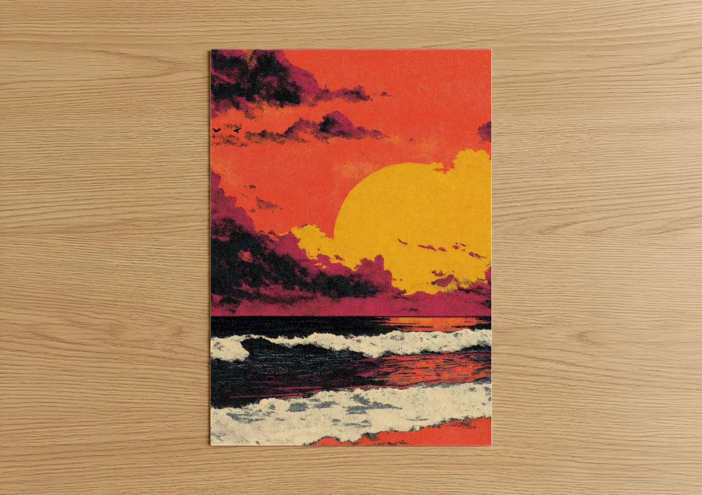 Crimson Sunset Waves Beach Wall Art
