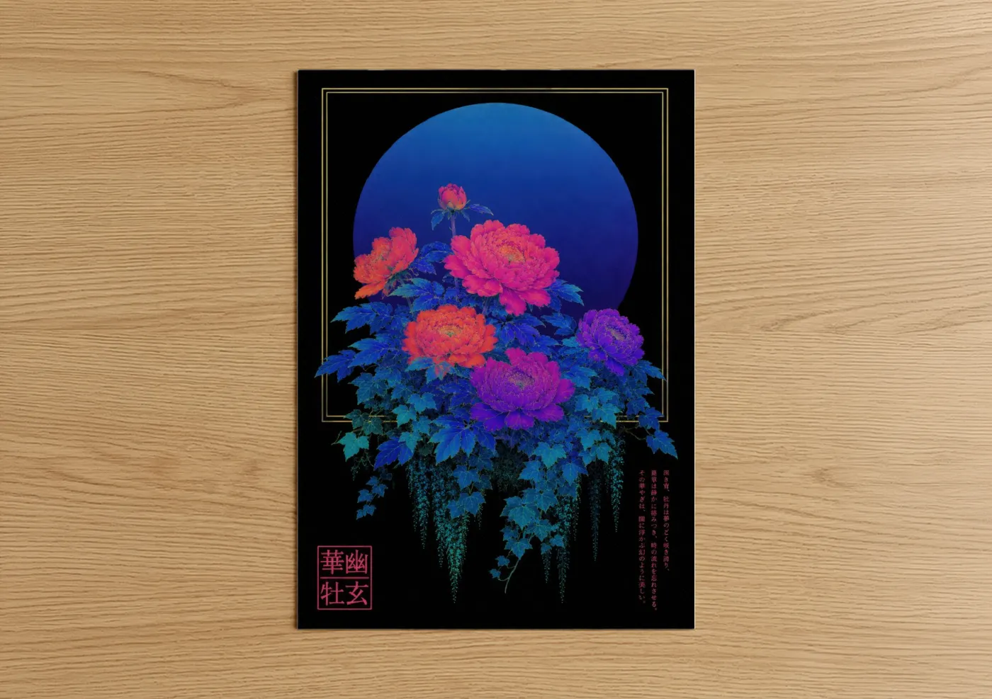 Art print on warm oak wood — blue and magenta palette — Vibrant Peony Moon Wall Art poster