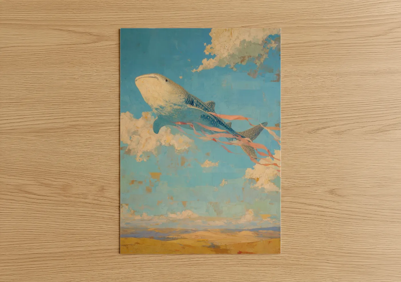 Art print on warm oak wood — blue and gold palette — Dreaming Whale Shark poster