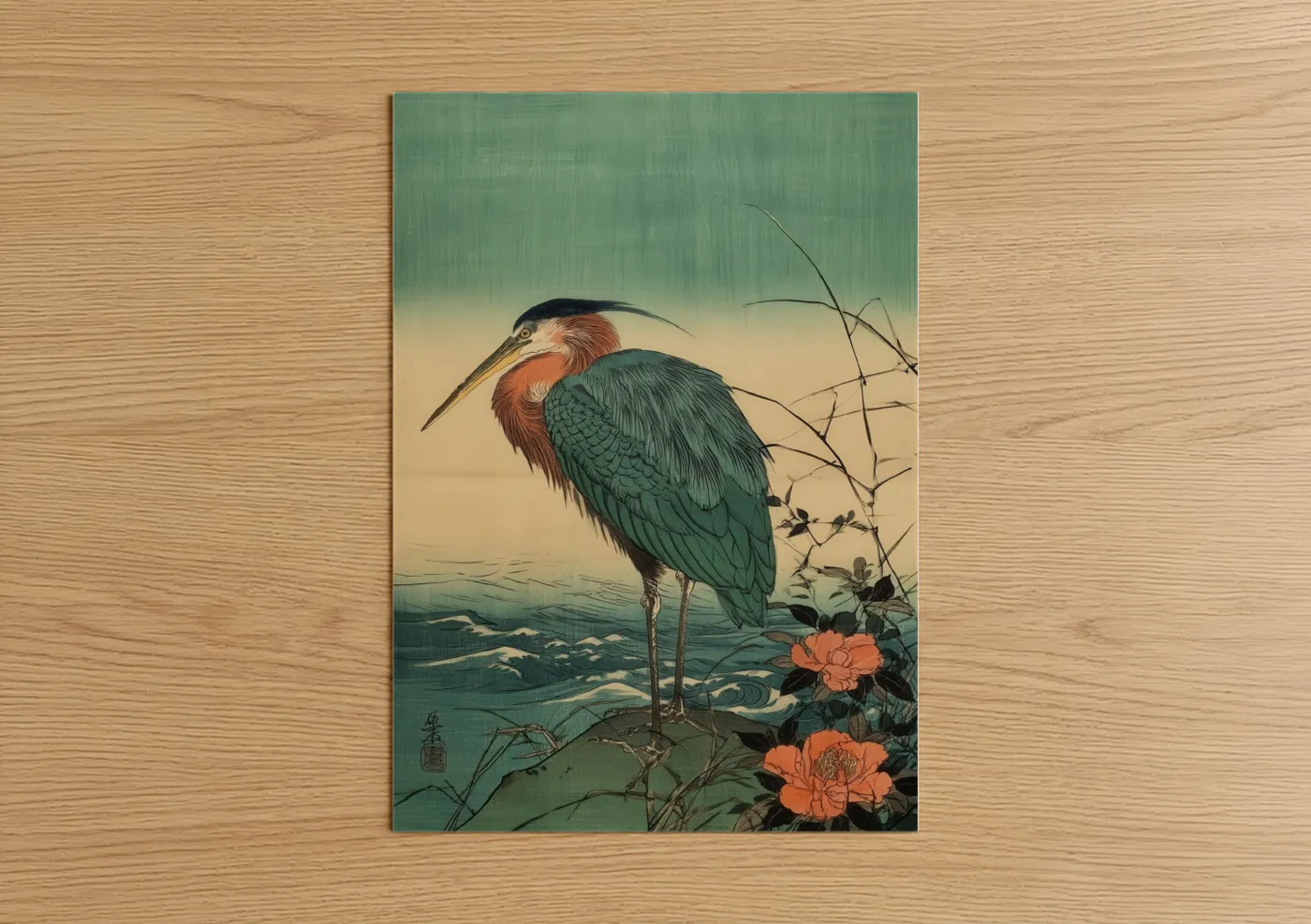 Crimson Heron Bloom Japanese Wall Art