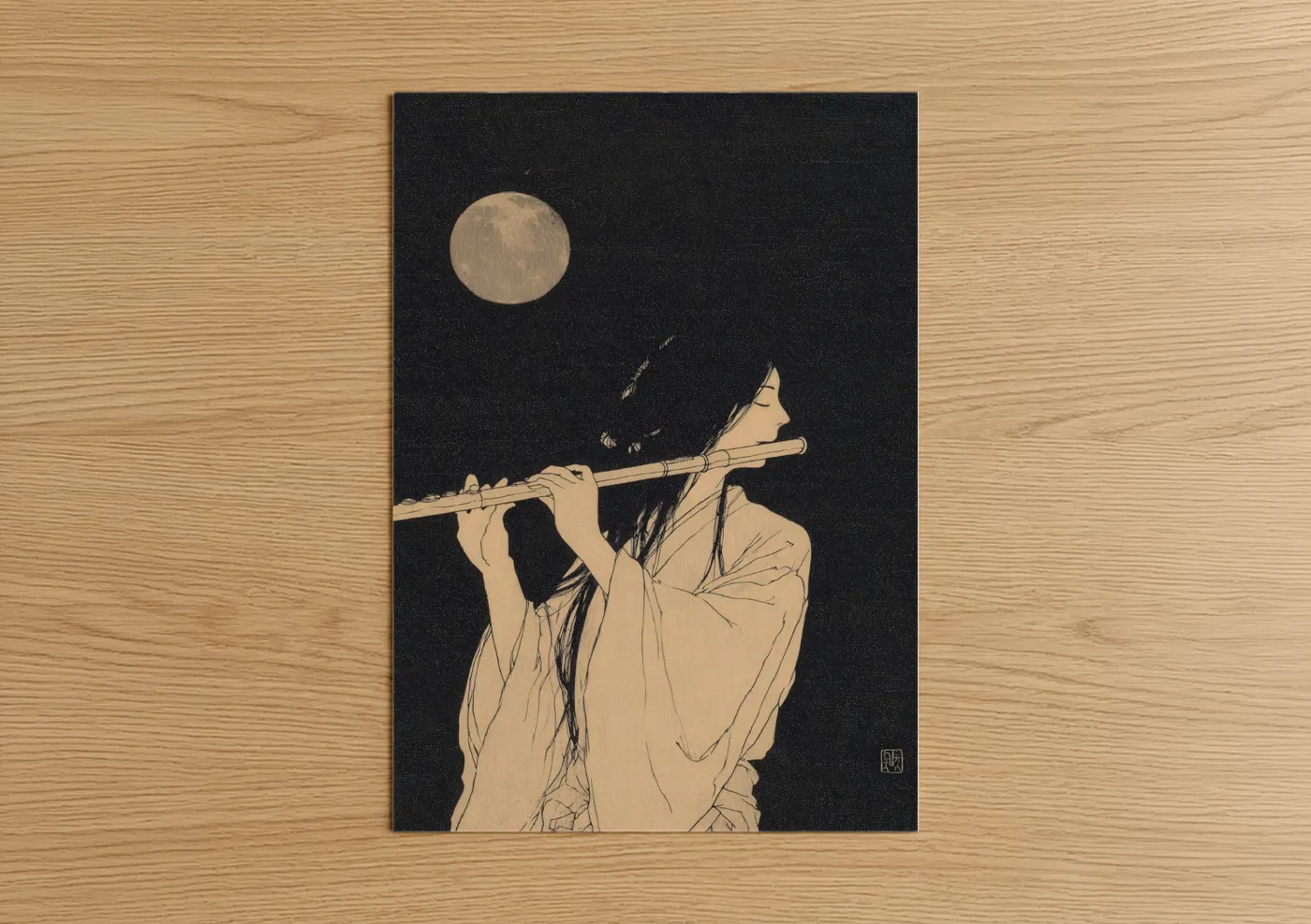 Classical art print on warm oak wood — cream and black palette — Moonlit Flutist poster
