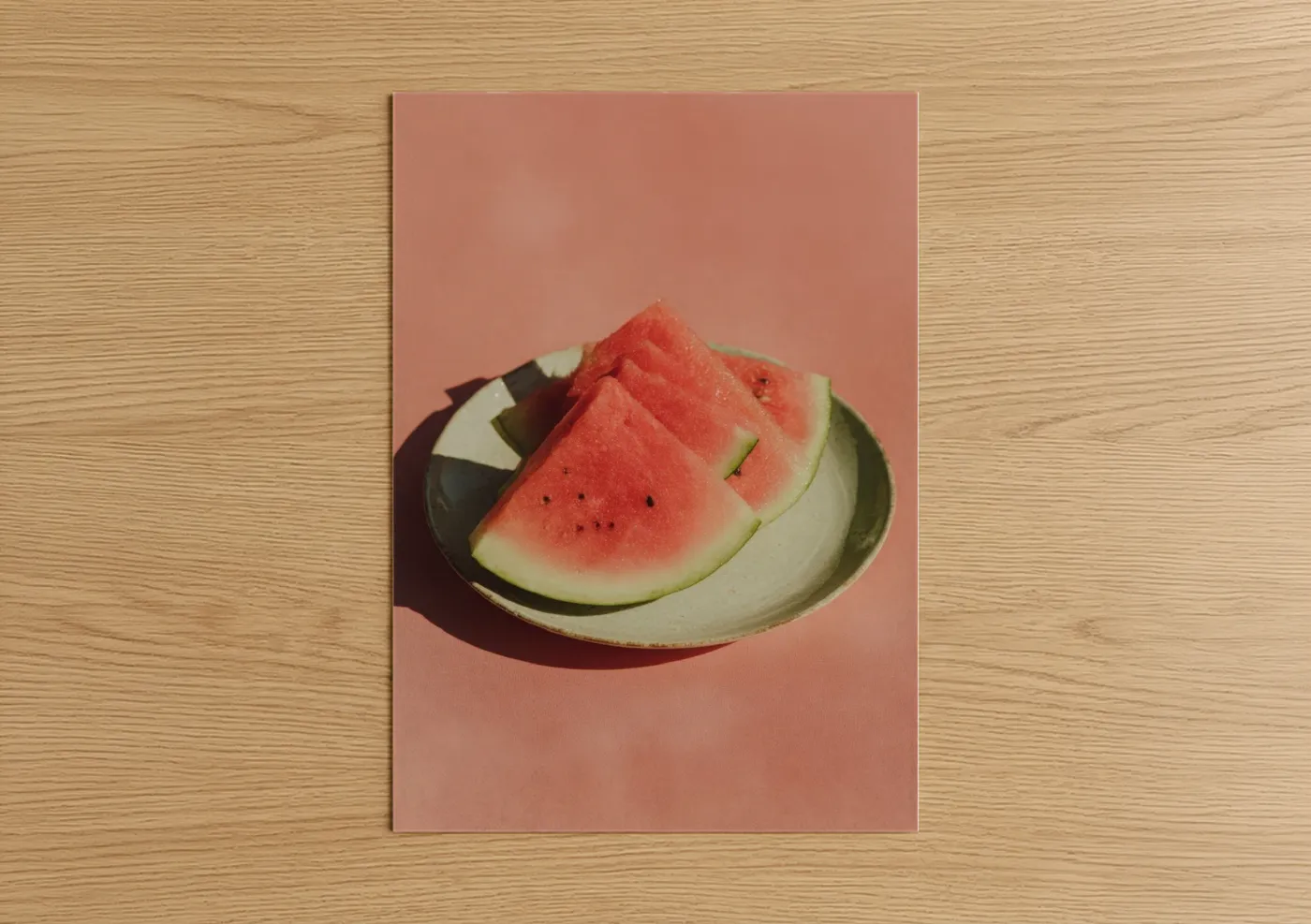 Fruit art print on warm oak wood — salmon pink and light green palette — Summer Watermelon Slices poster