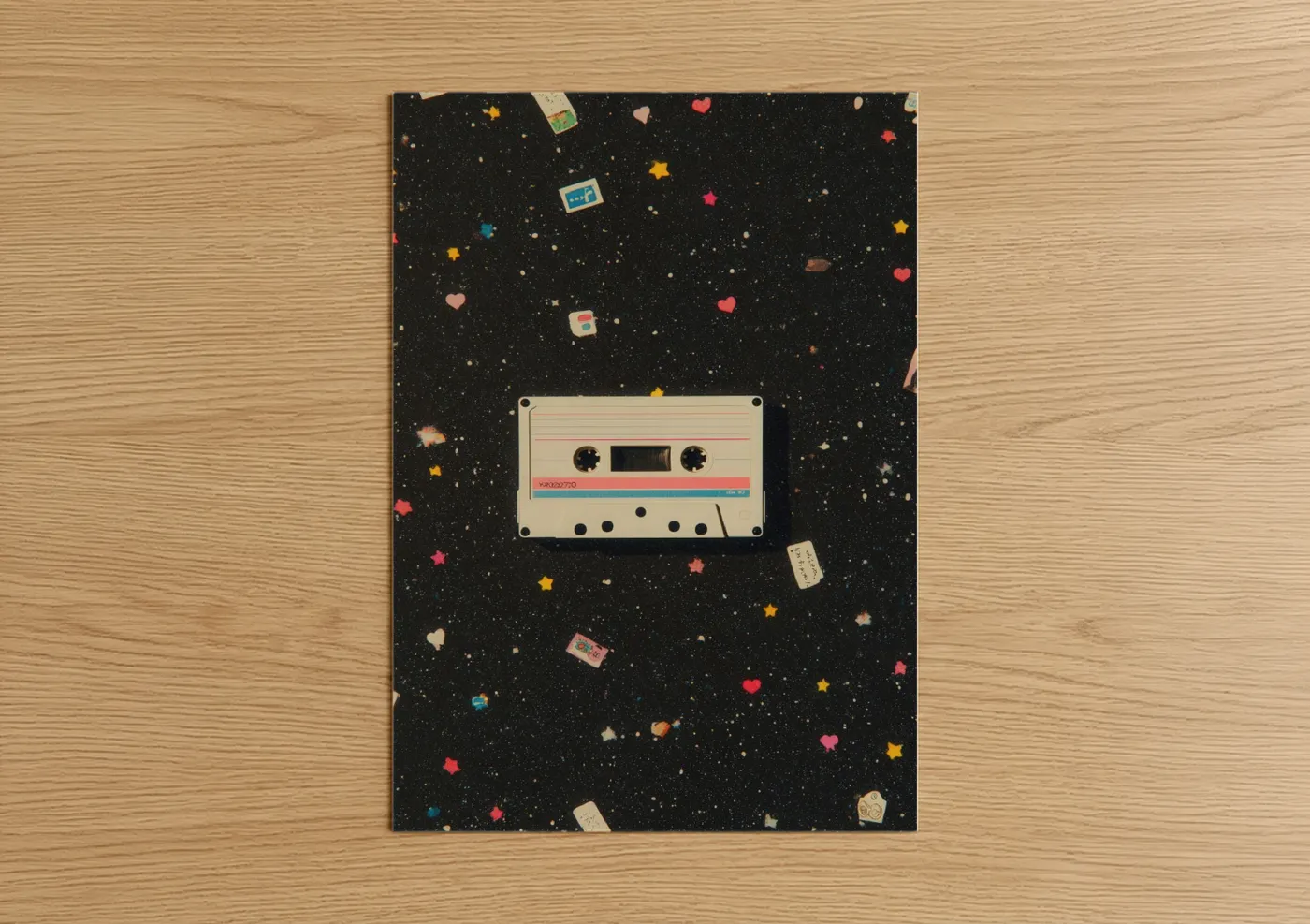 Casette art print on warm oak wood — black and gold palette — Retro Cassette Collage poster