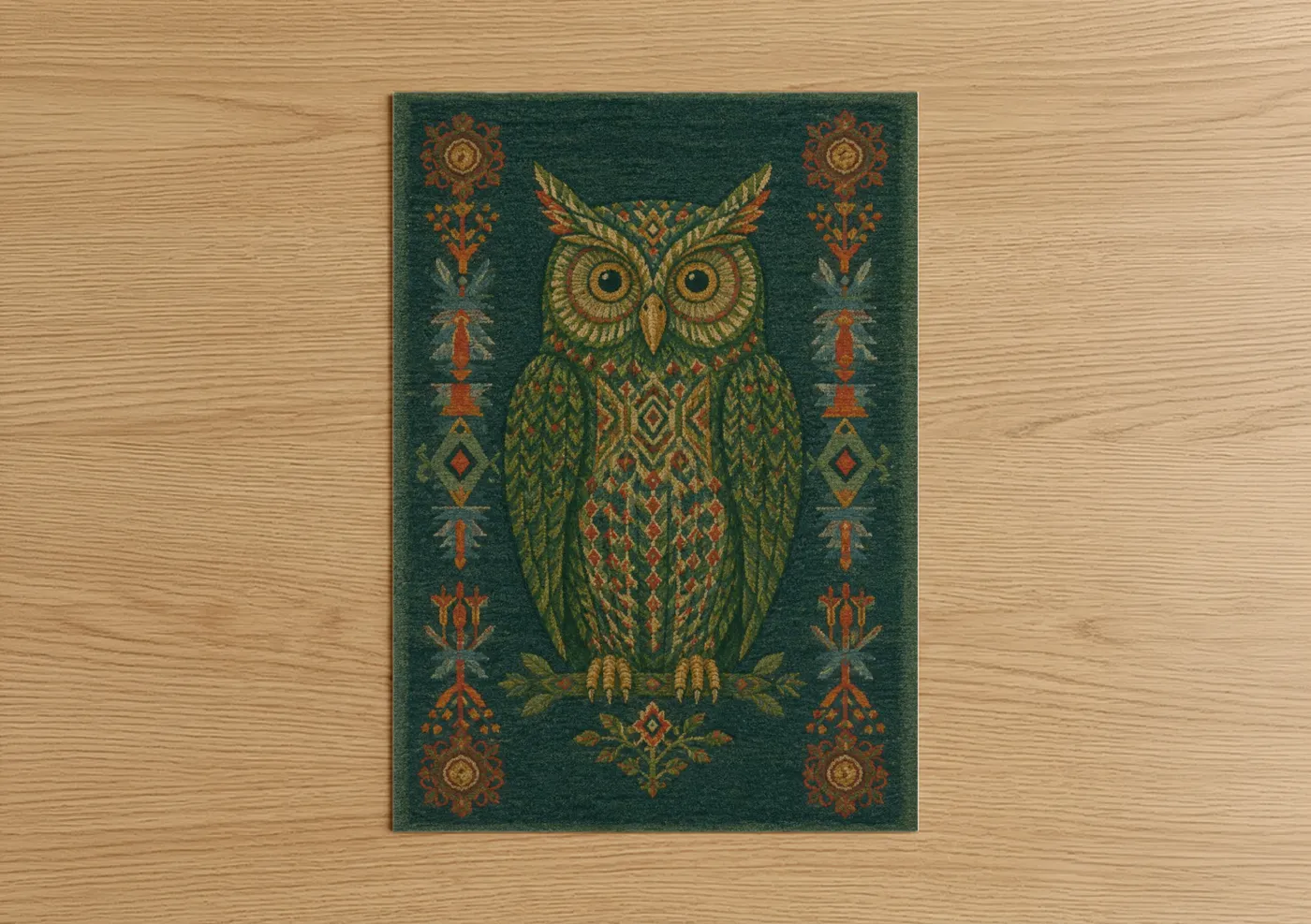 Art print on warm oak wood — true green and gold palette — Geometric Owl Decorative Wall Art poster