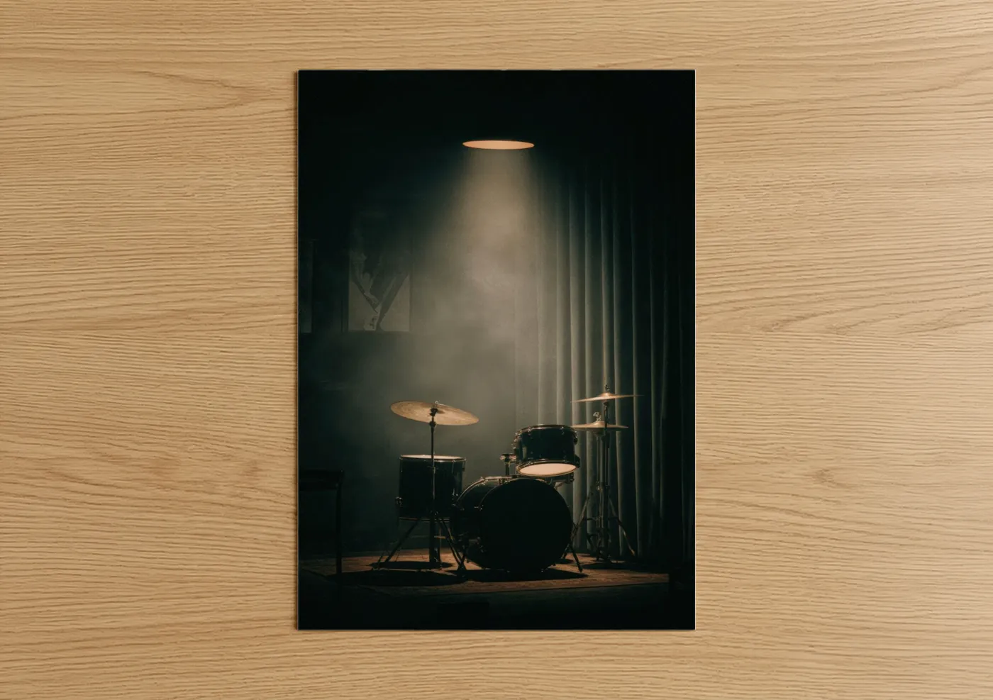 Art print on warm oak wood — black and gold palette — Spotlight Drums poster