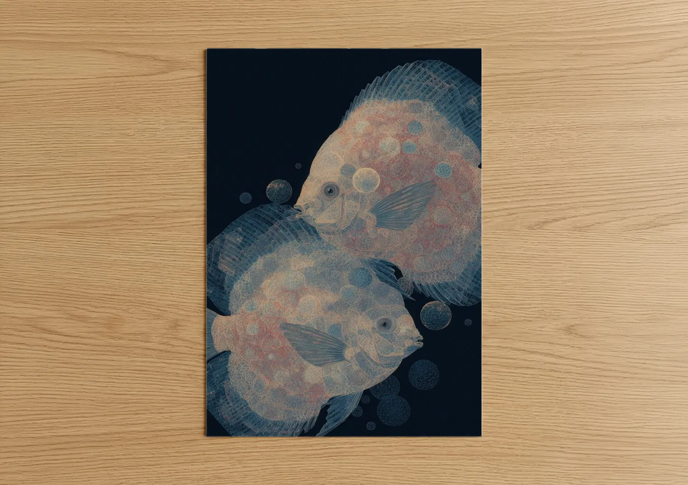 Discus fish art print on warm oak wood — blue and salmon pink palette — Celestial Discus Pair poster