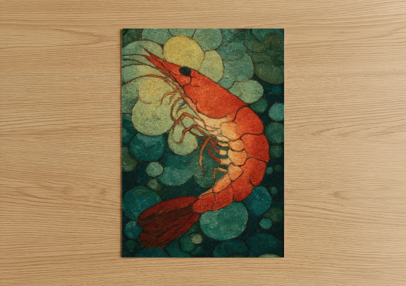 Art print on warm oak wood — teal and orange palette — Coral Shrimp poster