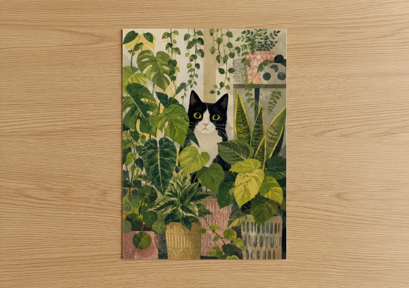 Art print on warm oak wood — green and beige palette — Tuxedo Cat Among Potted Plants Wall Art poster
