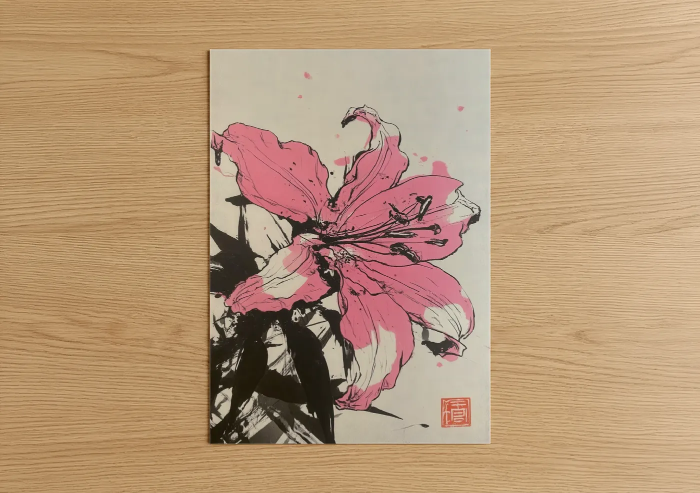 Art print on warm oak wood — pink and black and white palette — Pink Lily Bloom poster