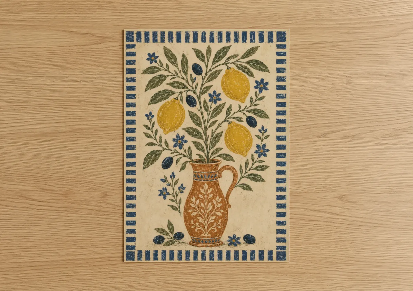 Fruit art print on warm oak wood — yellow and blue palette — Mediterranean Lemon Branch Botanical Wall Art poster