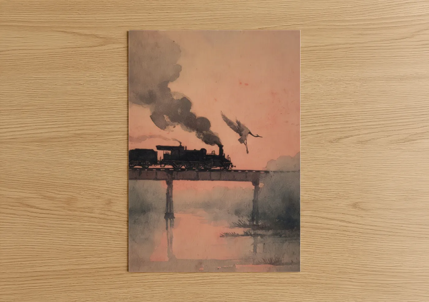 Vintage Train Sunset Watercolor Wall Art