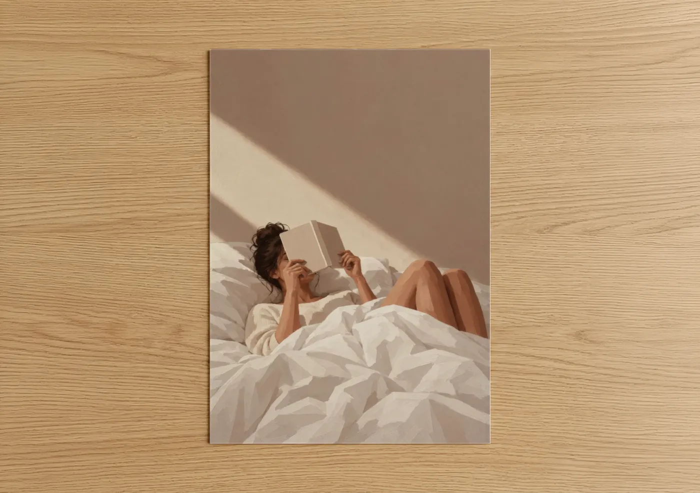 Art print on warm oak wood — beige and cream palette — Woman Reading In Bed Wall Art poster