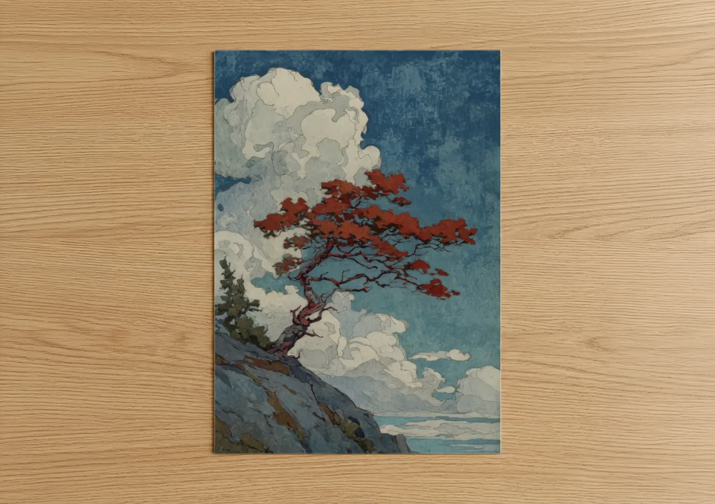 Arbutus tree art print on warm oak wood — blue and red palette — Crimson Arbutus poster