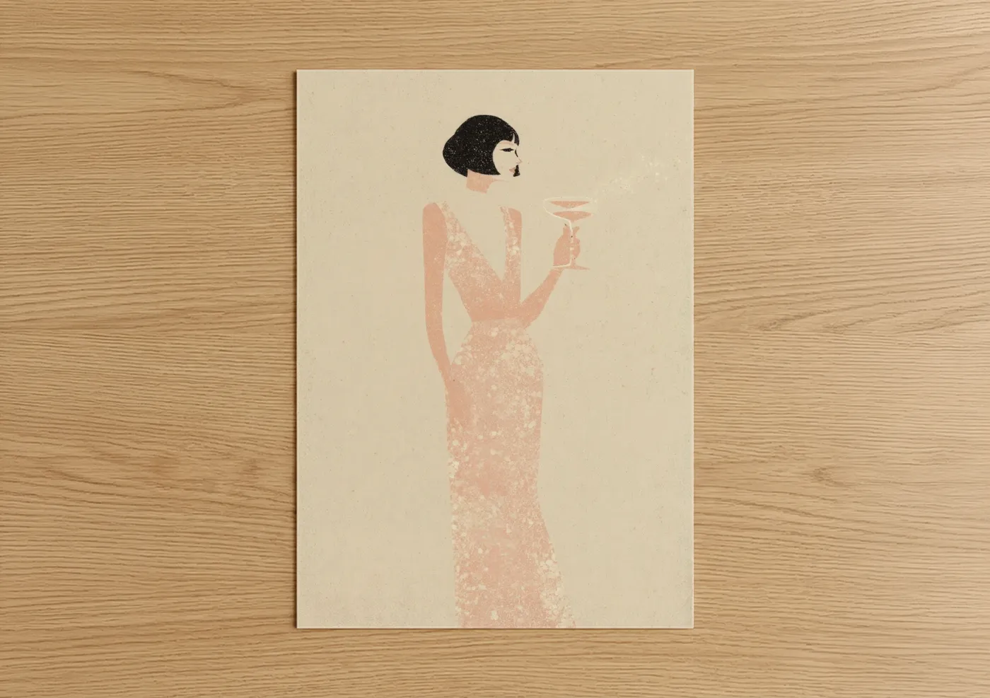 New years eve art print on warm oak wood — salmon pink and cream palette — Elegant Celebration poster
