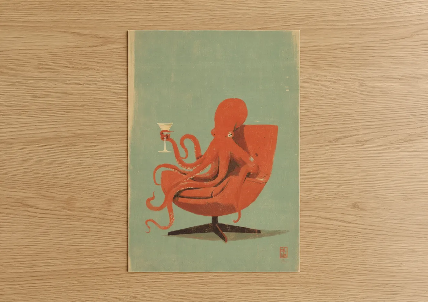 Retro Octopus Cocktail Art Deco Illustration Wall Art
